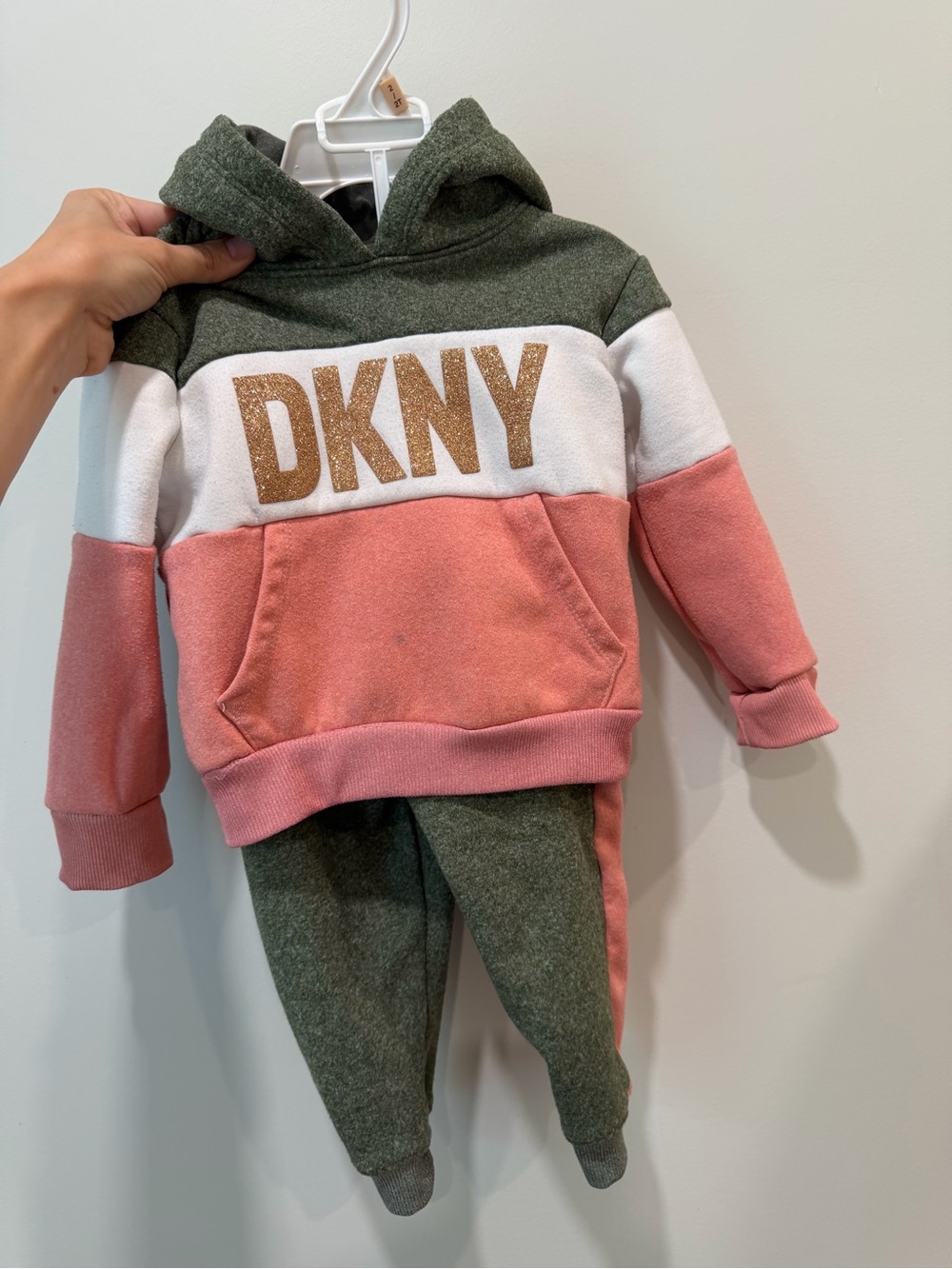 Dkny Olive Green, White & Dusty Pink Two-Piece Hoodie Jogger Set